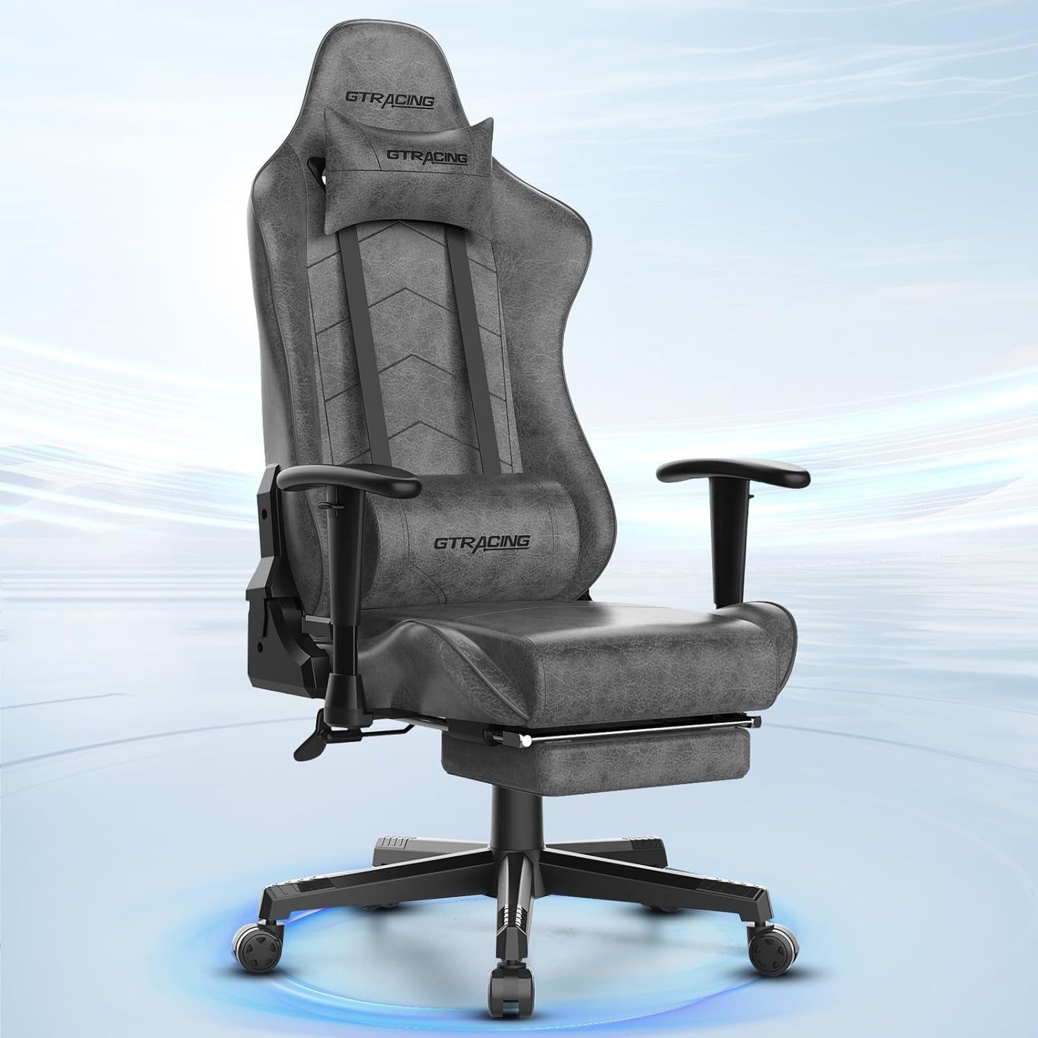 Gaming Chair with Footrest, Racing Style Computer Chair for Adult, Adjustable Reclining Backrest and Lumbar Support, Stylish High Back Chair for Gaming and Office (Dark Grey)