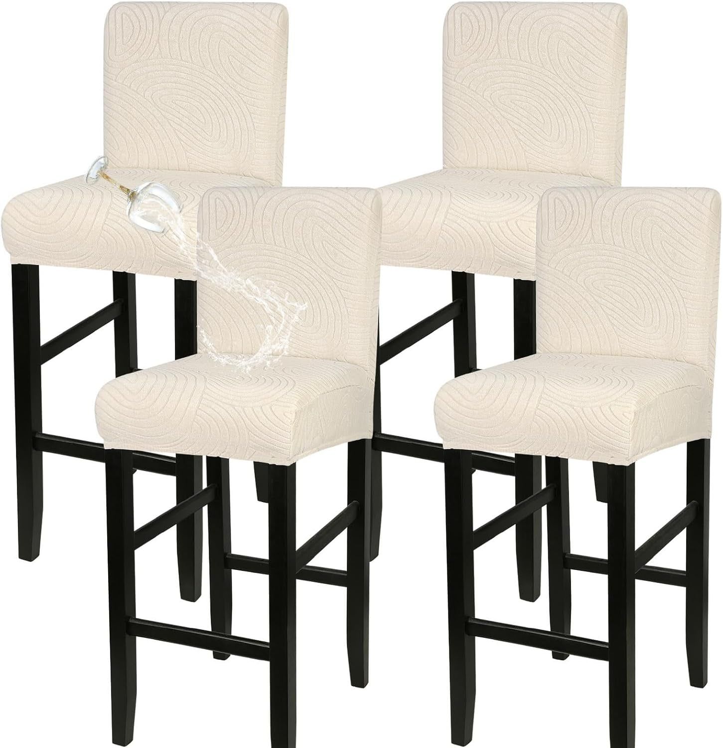 Water Repellent Bar Stool Covers Set of 4, Stretch Washable Barstool Seat Covers, Counter Height Chair Covers for Kitchen Dining Room Cafe (Beige Ripple Jacquard)