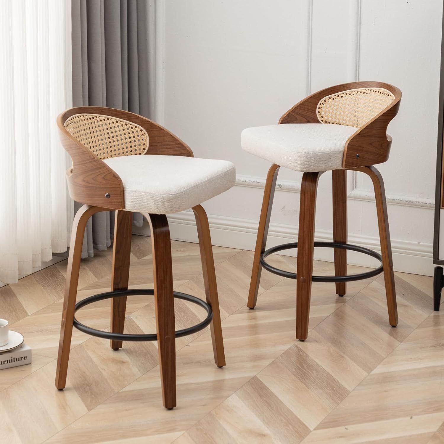 25&quot; Beige Rattan Swivel Counter Stools (Set)