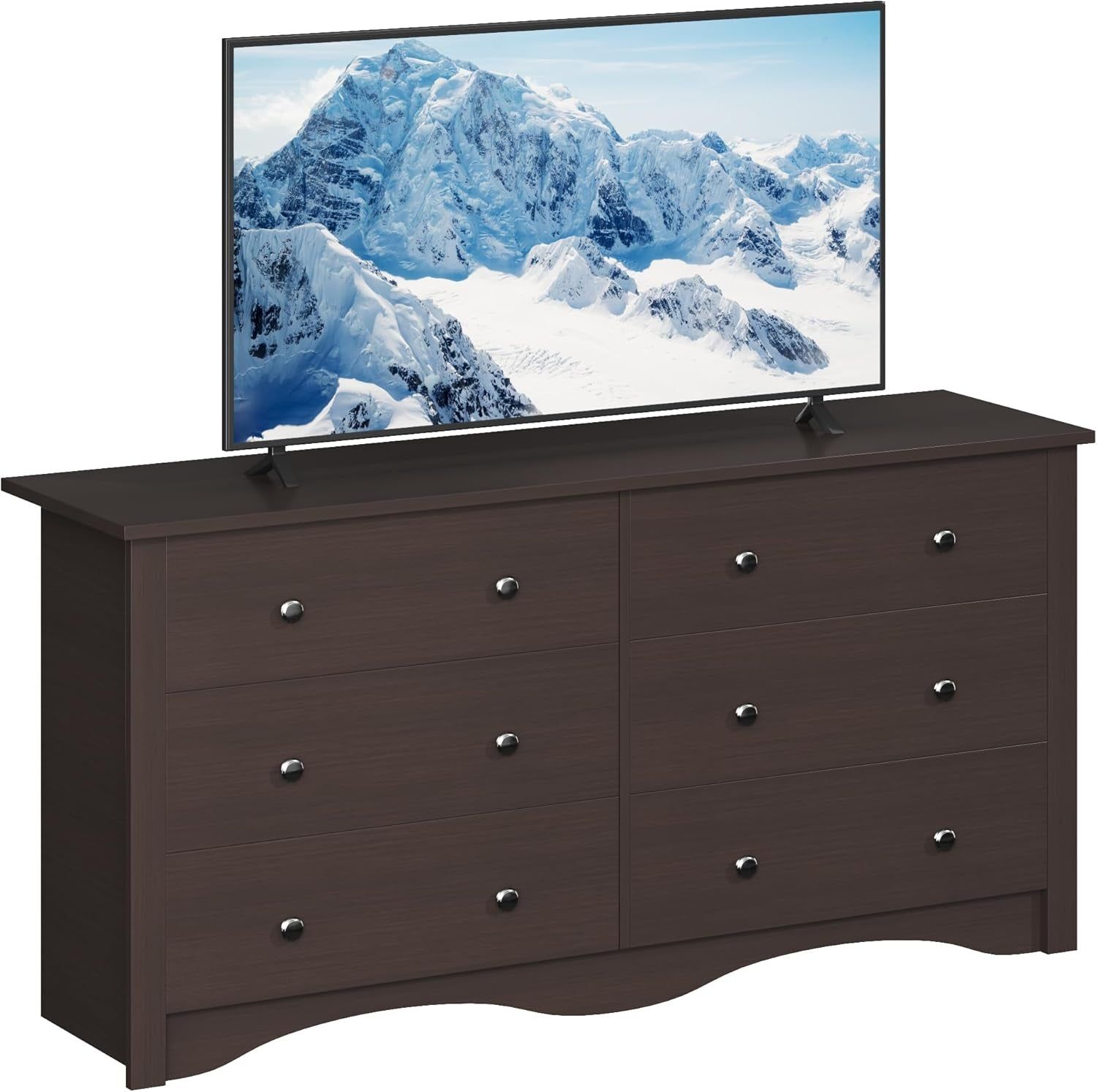 6 Wood Drawers Dresser for Bedroom, Double Dresser for TV up to 65 Inch, TV Stand Storage Chest of Drawers for Living Room Hallway Entryway (Brown)