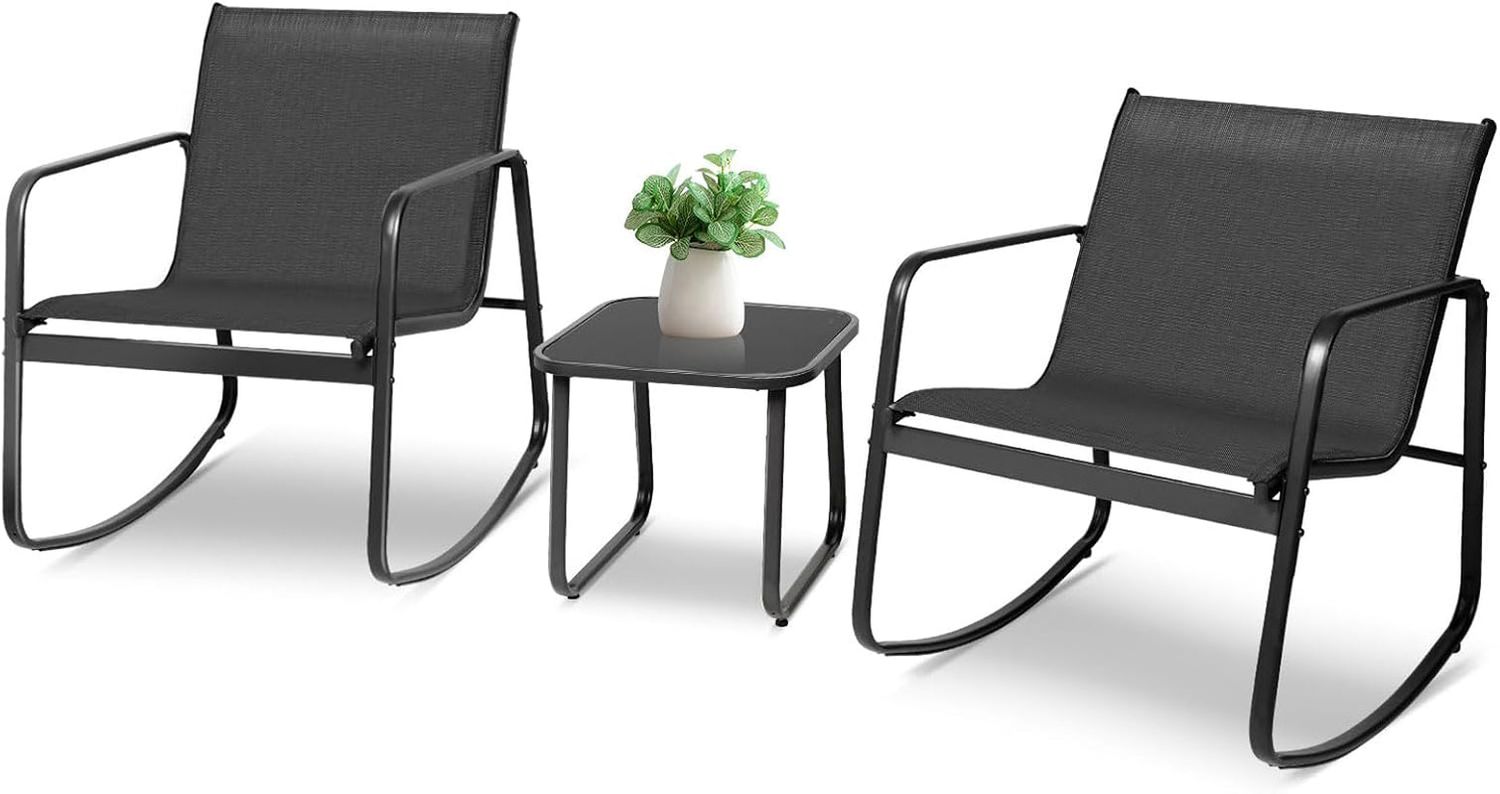3 Pieces Patio Furniture Set Outdoor Conversation Furniture 2 Chairs with Glass Top Coffee Table Sets Beige Cushions Backyard, Pool, Garden