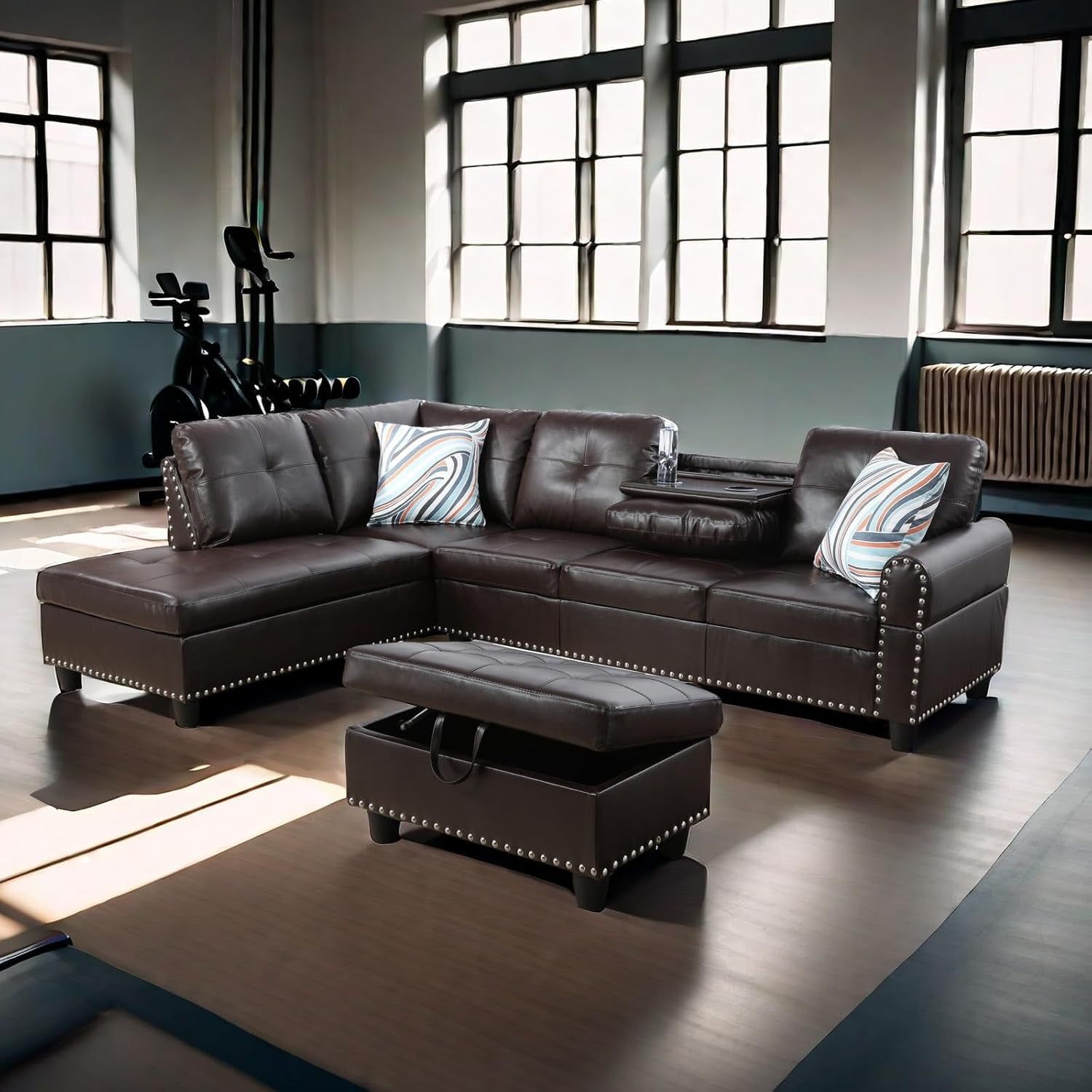 L Shaped Sectional Sofa with Ottoman, Modern Couches for Living Room, Microfiber Facing, Bedroom