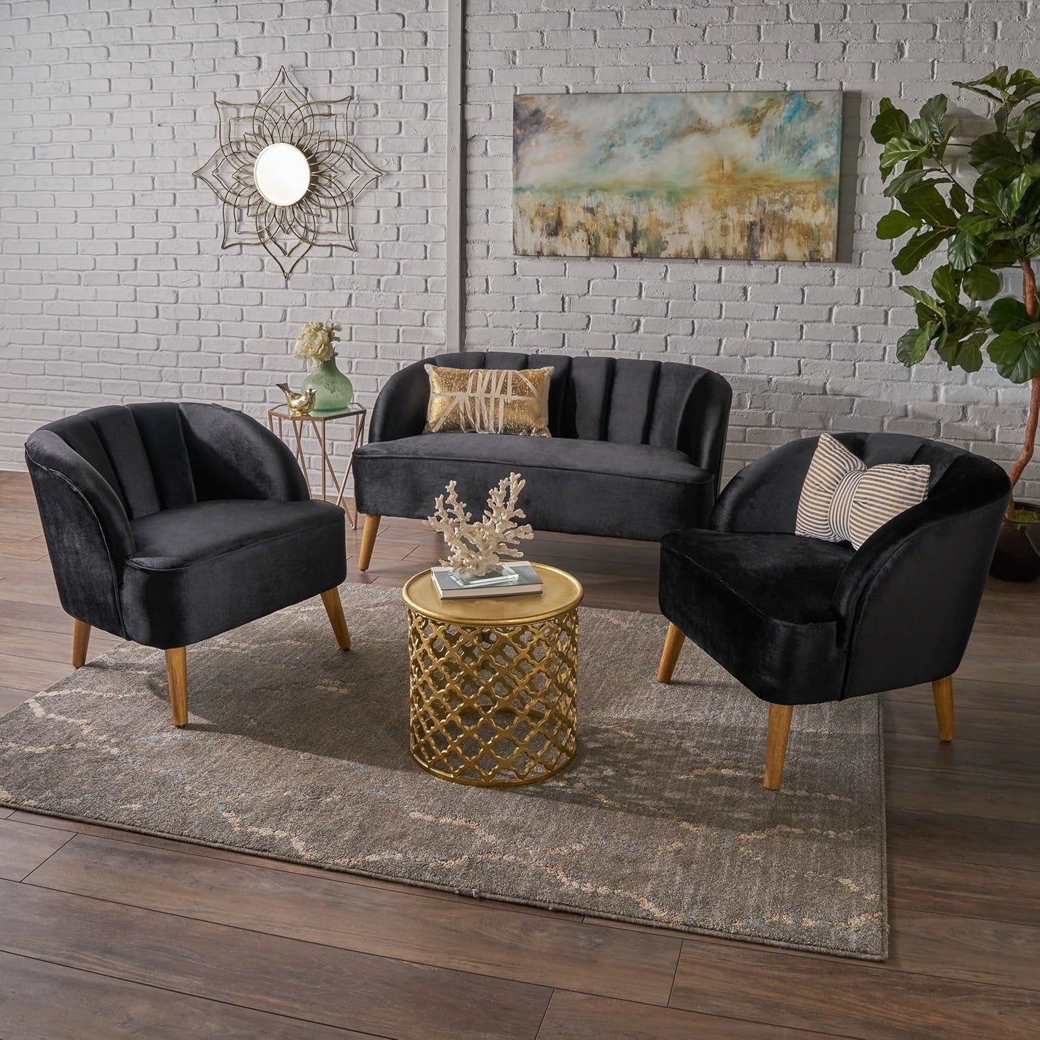 Amaia Modern Velvet Chat Set, 3-Pcs Set, Black / Walnut