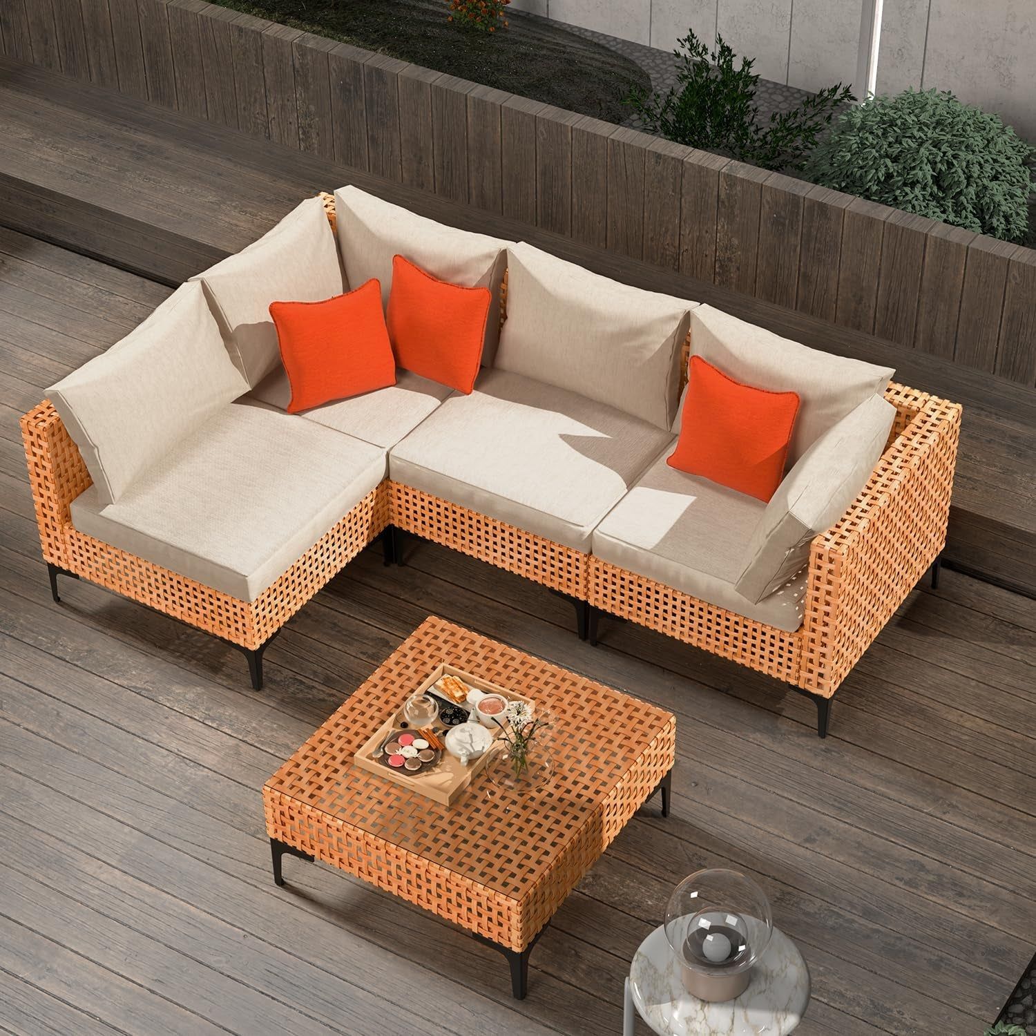 5 Piece Outdoor Patio Furniture Set Modular Outdoor Furniture Set Wicker Outdoor Sectional Sofa with Cushions Table Patio Set for Balcony Porch Deck Yard (Salmon&amp;Orange Wicker, Sand Cushion)