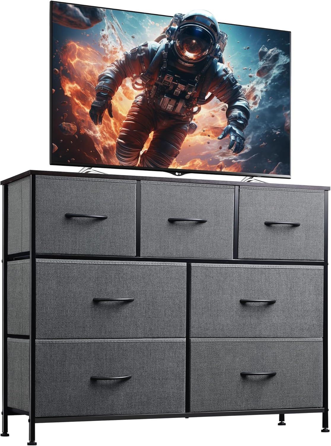 Dresser TV Stand, Entertainment Center with Fabric Drawers, Media Console Table with Metal Frame and Wood Top for TV up to 45 Inch, Chest of Drawers for Bedroom, Dark Grey