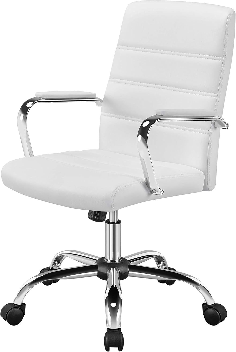 Office Desk Chair Mid-Back Leather Computer Chair Height Adjustable Ergonomic Executive Chair W/Lumbar Support Comfy Thick Padded Armrests and Seat, White