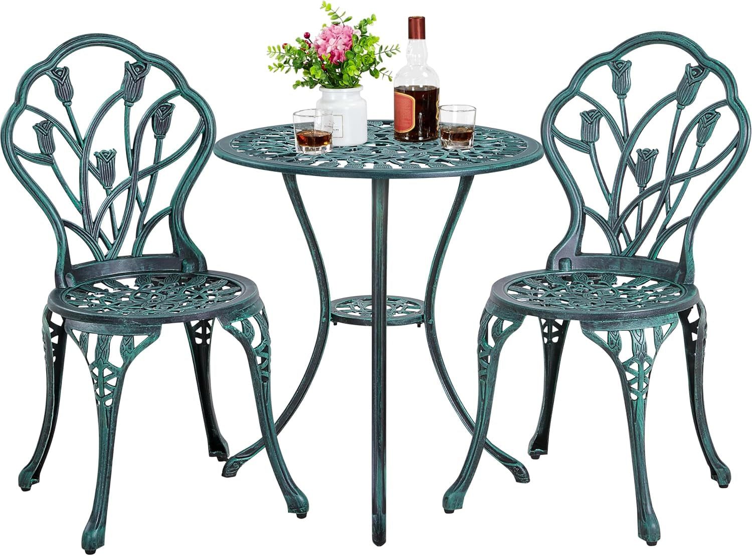 Patio Bistro Sets 3 Piece Cast Aluminum Bistro Table and Chairs Set, Cast Aluminum Bistro Table and Chairs Set of 2 with Umbrella Hole for Patio Backyard Balcony, Green