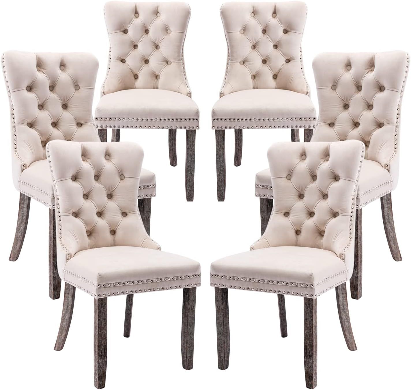 Beige Tufted Velvet Dining Chairs Set of 6