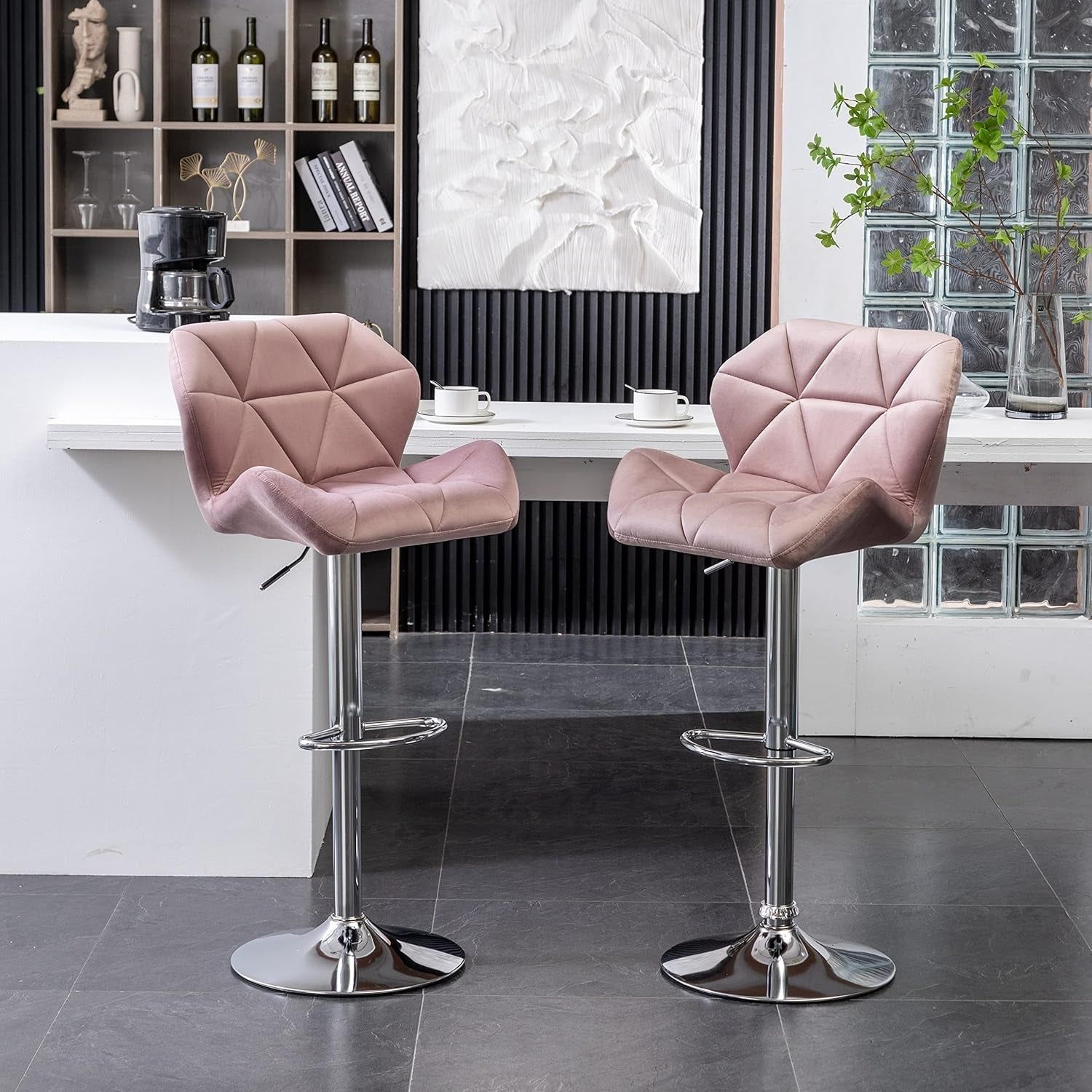Breni Velvet Diamond Tufted Swivel Adjustable Height Barstools, Set of 2, Mauve
