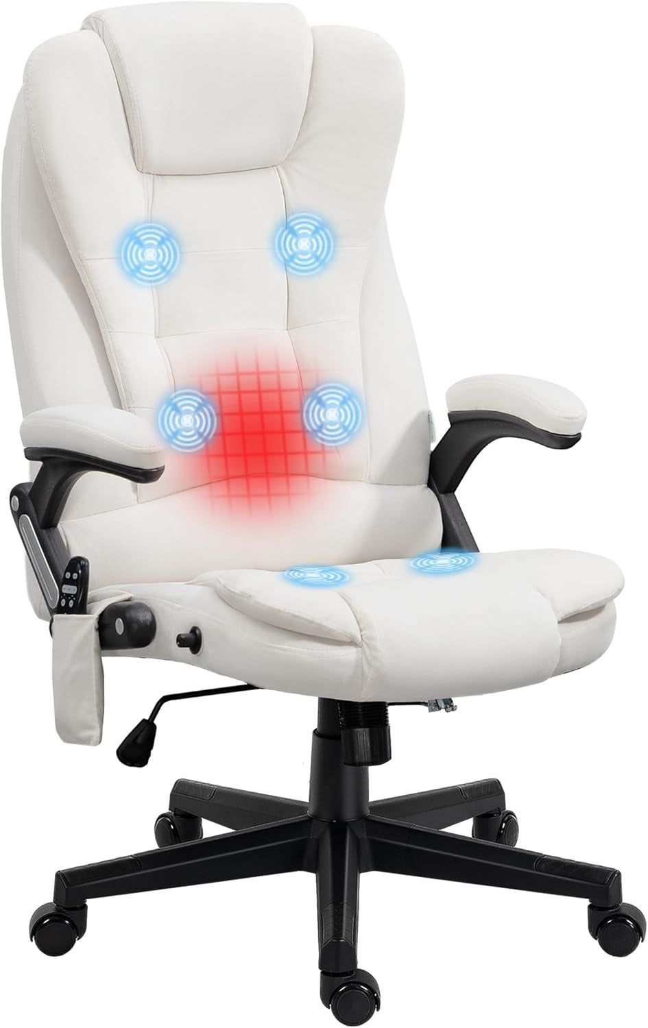 6 Point Vibrating Massage Office Chair with Heat, Velvet High Back Executive Office Chair with Reclining Backrest, Padded Armrests and Remote, Cream White