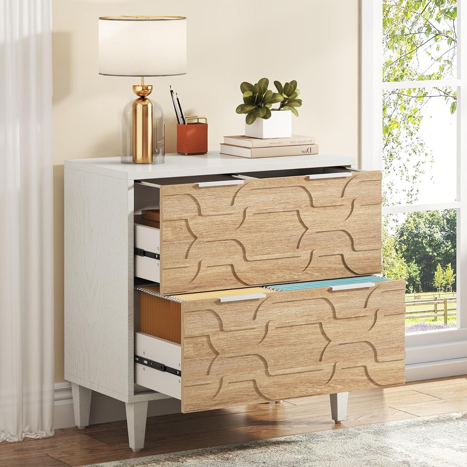 2-Drawer File Cabinet, Lateral Filing Cabinet for A4/Letter/Legal Size, Office Storage Cabinet, Printer Stand with Storage Drawer for Home Office, White &amp; Walnut