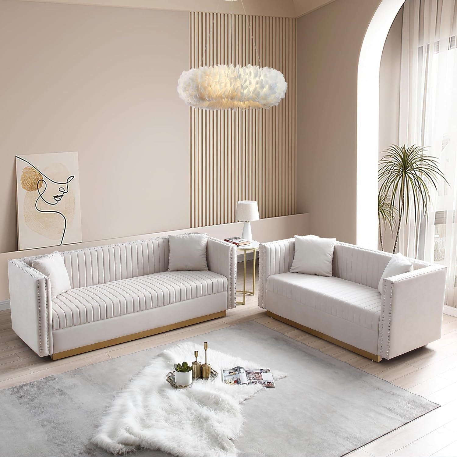 Luxury Velvet Sofa Set for Living Room, Modern Decor Furniture Channel Sofa Couch and Loveseat with Nailhead Gold Metal Legs and 4 Pillows for Bedroom, Hall, Beige