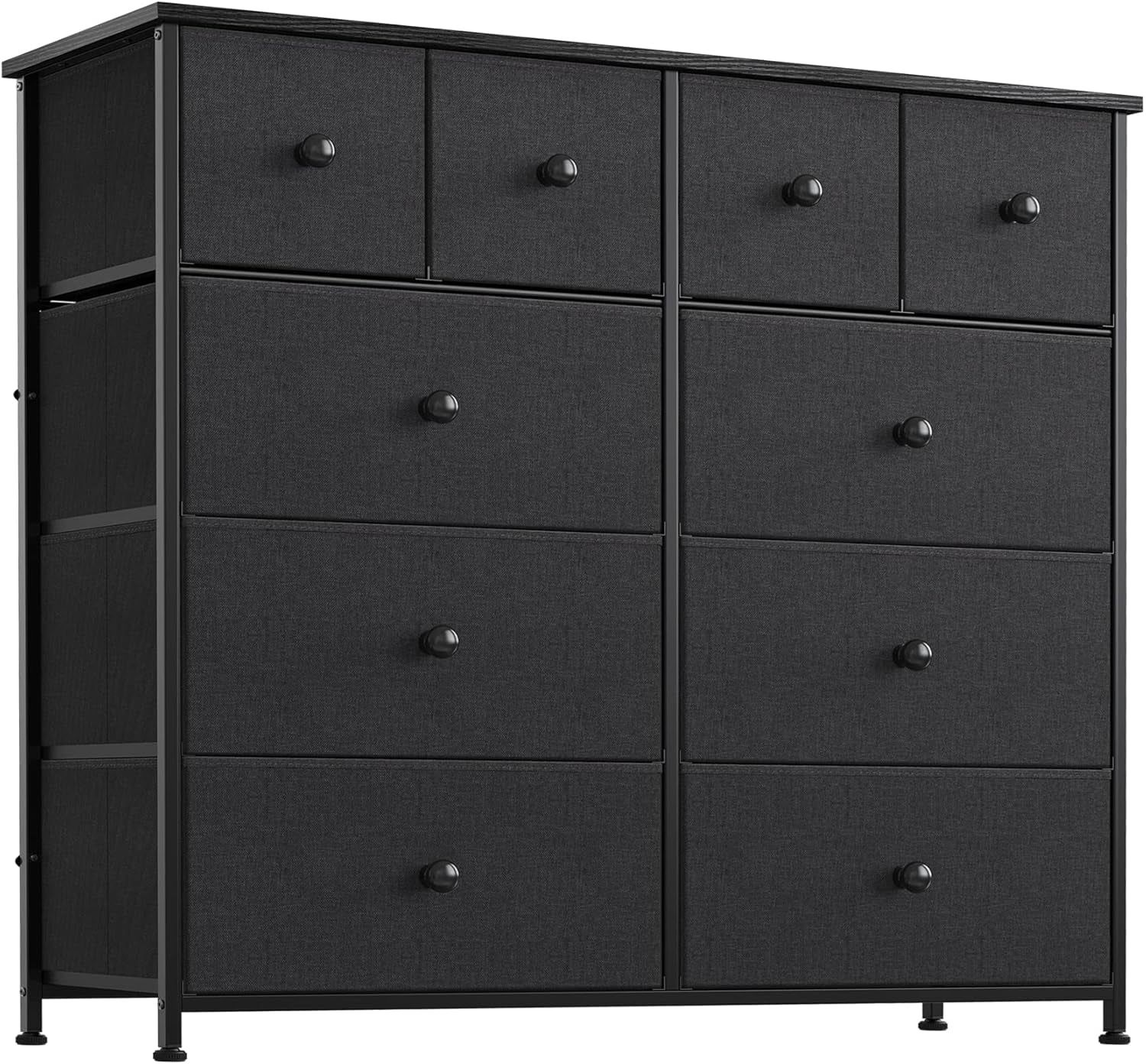 Dresser for Bedroom with 10 Drawers, Wide Black Dresser with Wood Top, Fabric Storage Tower, Sturdy Steel Frame Storage Organizer for Living Room, Hallway, Entryway, Closets, Black Grey