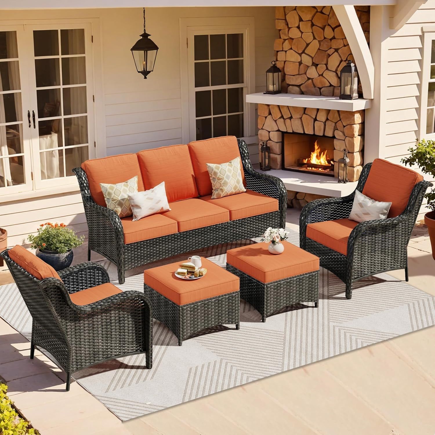 5 Pieces Patio Furniture Set, Outdoor Wicker Sofa Couch with Ottomans Comfy Cushions, All Weather High Back Conversation Set for Porch Deck, Brown Rattan, Orange Red