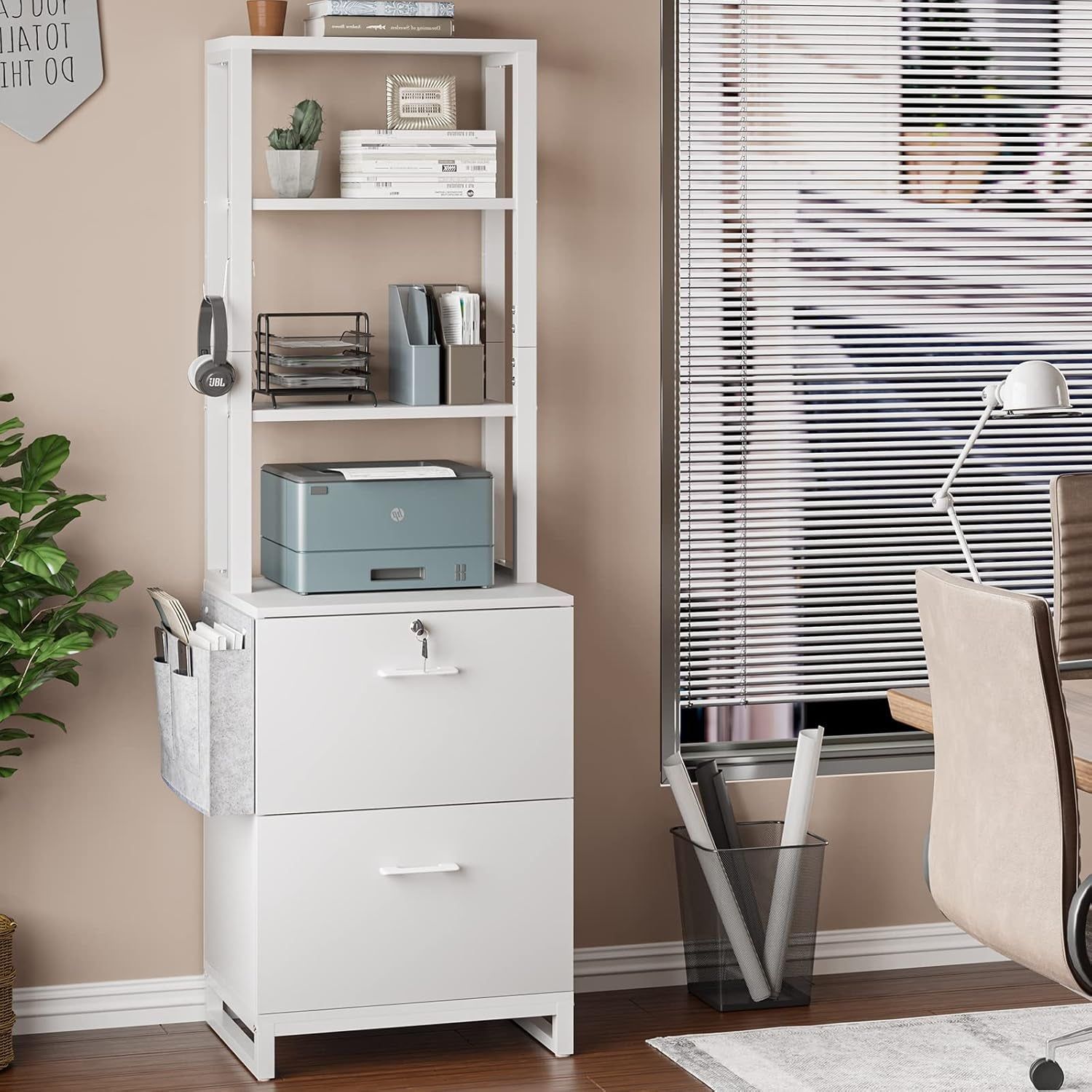 2 Drawer File Cabinet, Filing Cabinet with Lock Fits Letter, Legal, A4 Size, File Cabinets for Home Office with Storage Bag, Open Shelf and Hook, White