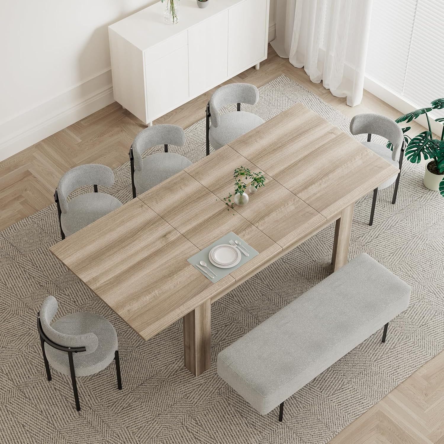 Extendable Dining Room Table for 6-10 Person, Plank and Beam Farmhouse Large Rectangular Kitchen Tables for Living Meeting Room, Oak