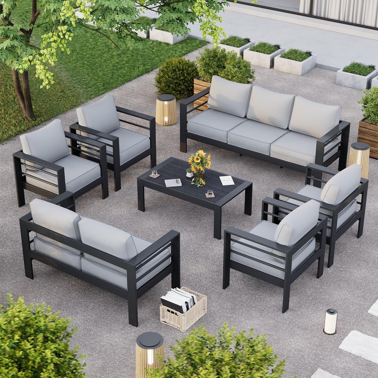 Aluminum Patio Furniture Set, 10 Piece Metal Outdoor Furniture Set, Patio Furniture Set with Waterproof Covers for Backyard Garden（Dark Grey&amp;Light Grey）