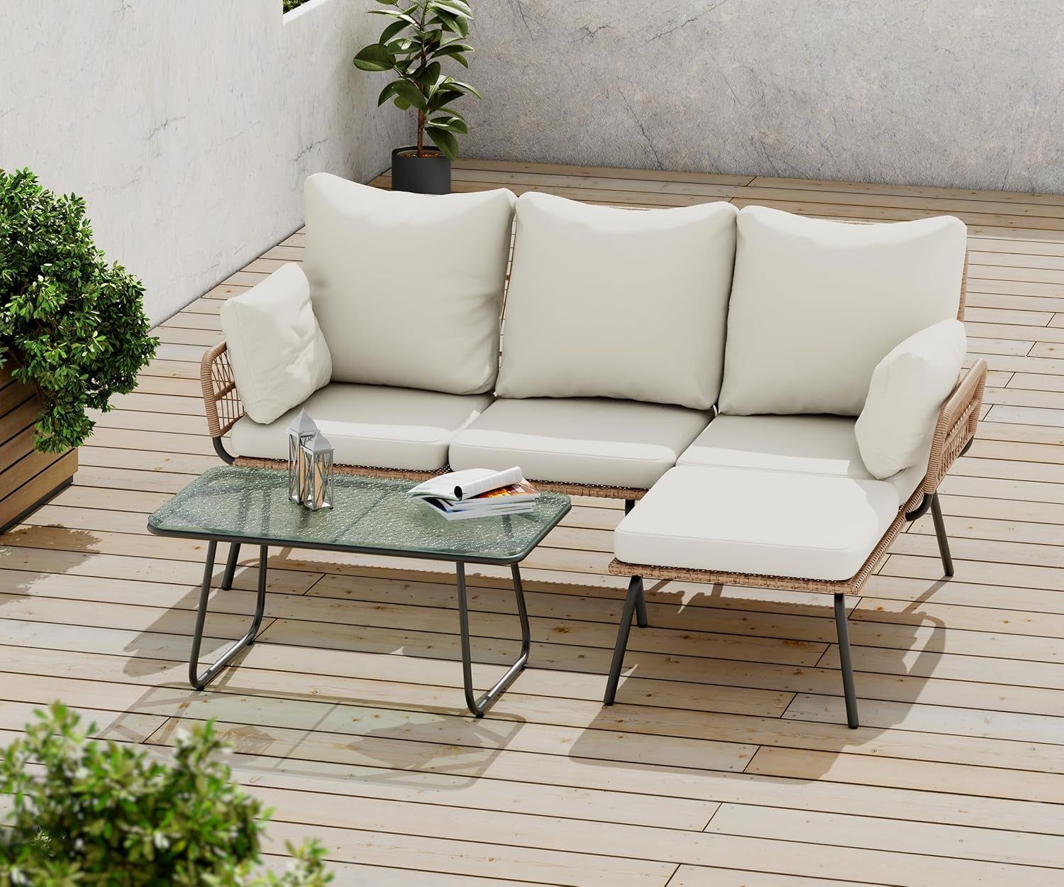 L-Shaped Outdoor Loveseat Sectional Set for Patio, Backyard, Porch with Thick Cushions, Detachable Lounger, Coffee Table