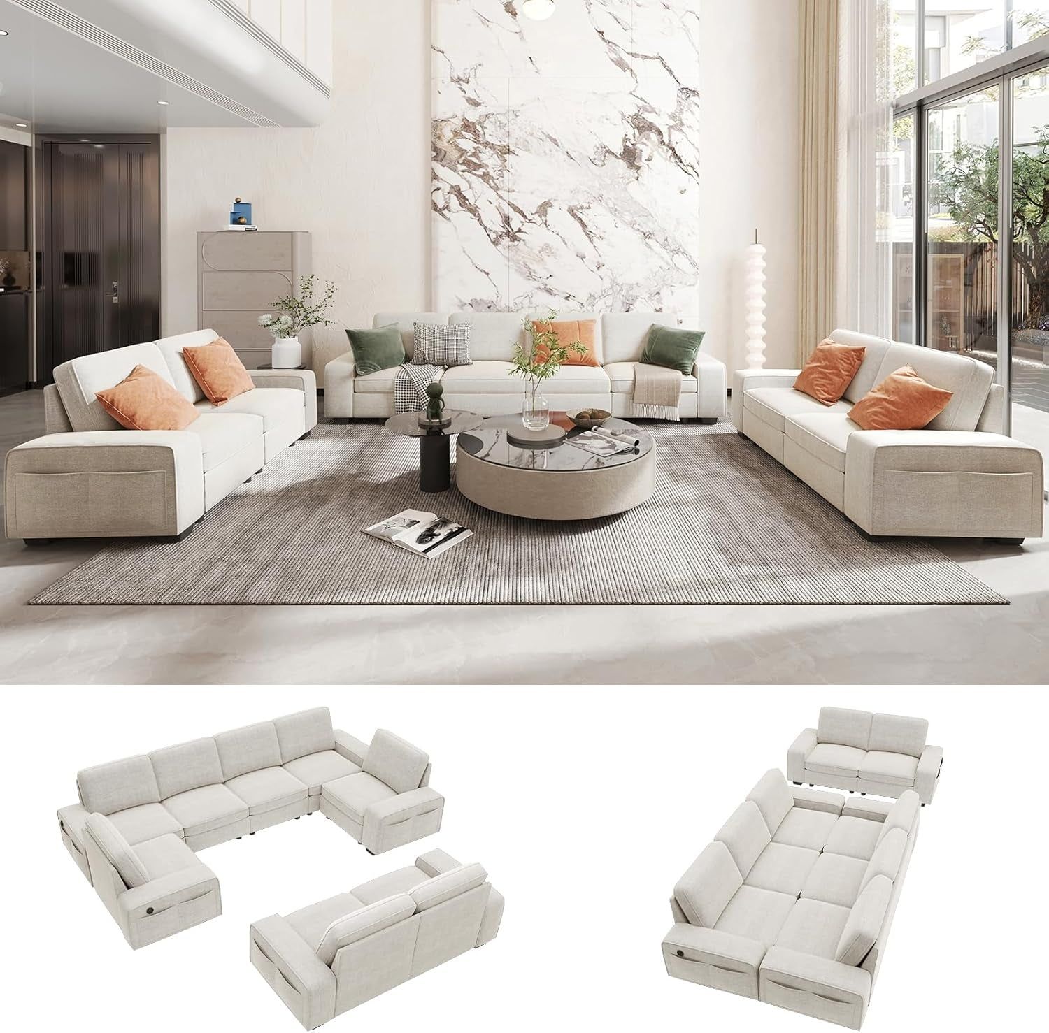 Beige U Shape Sectional Sofa for Living Room/Office 8 Seater Sofa Sets with Large Storage Space Comfy Chenille Cover (4-Seat Modular Sofa &amp; 2×Loveseat Couch)