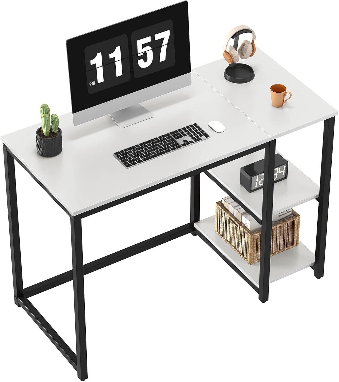 Computer Desk 40 Inches with 2-Tier Shelves Sturdy Home Office Desk with Large Storage Space Modern Gaming Desk Study Writing Laptop Table, White Desk
