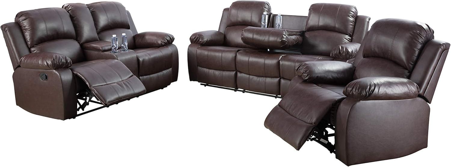 3-Piece Living Room Reclining Sofa Set|Bonded Leather Upholstery|Manual Reclining with Drop down Table and Mid Console (Brown, 3 Pieces)