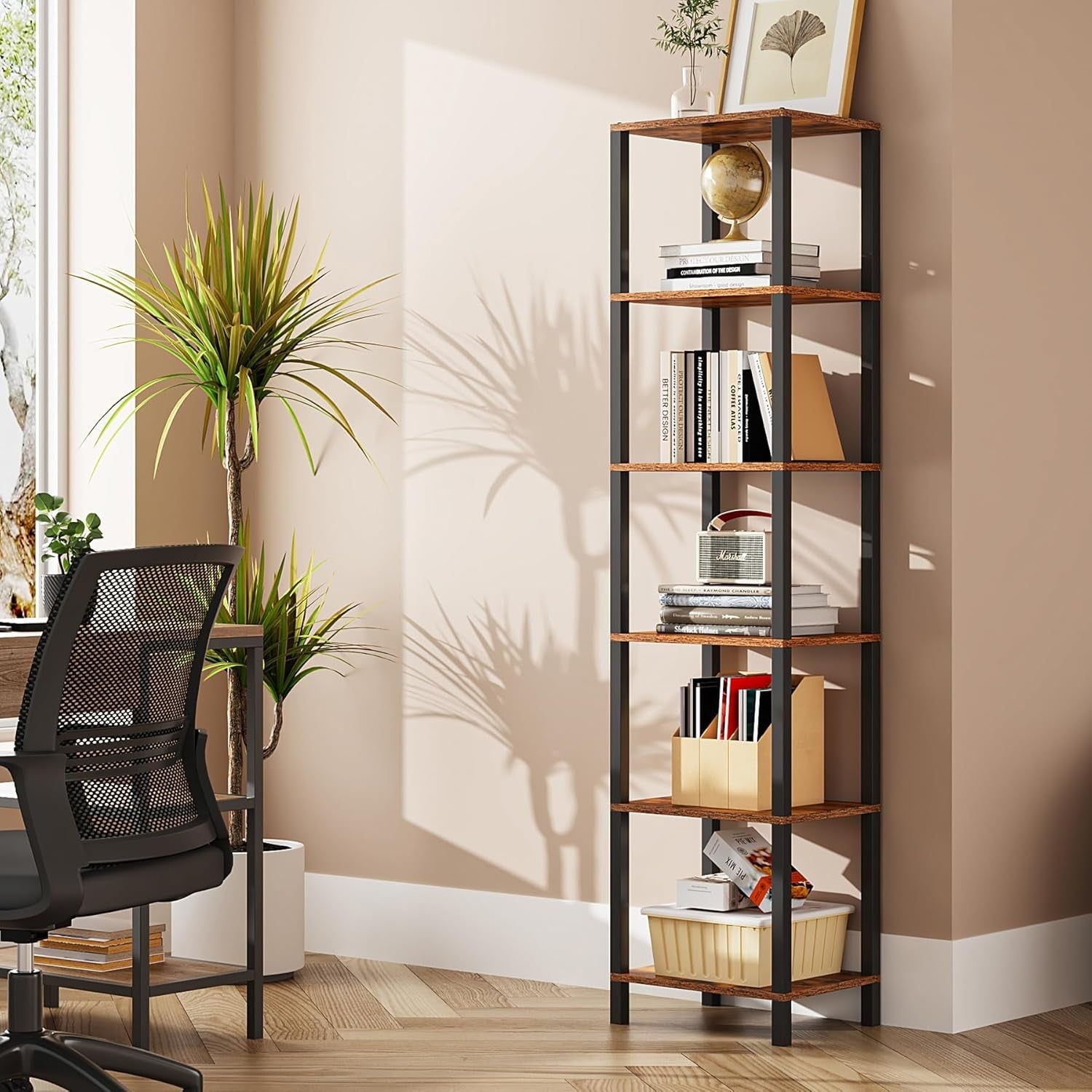 Bookshelf, 6-Tier Tall Book Shelf, Narrow Bookcase for Small Space, DIY Stackable Bookshelf, for Living Room, Office, Study, Entryway, Industrial, Rustic Brown BS01BB006