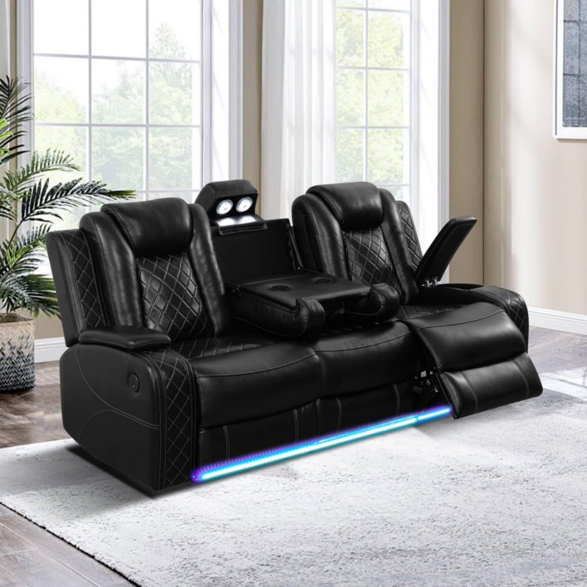 Electric Power Recliner Sofa Living Room Furniture, Comfy Home Theater Breathing Leather Seating with USB 2.0 Charging Ports, LED Light Strips, Fold-Down Table &amp; Wireless Charging Device (Black)