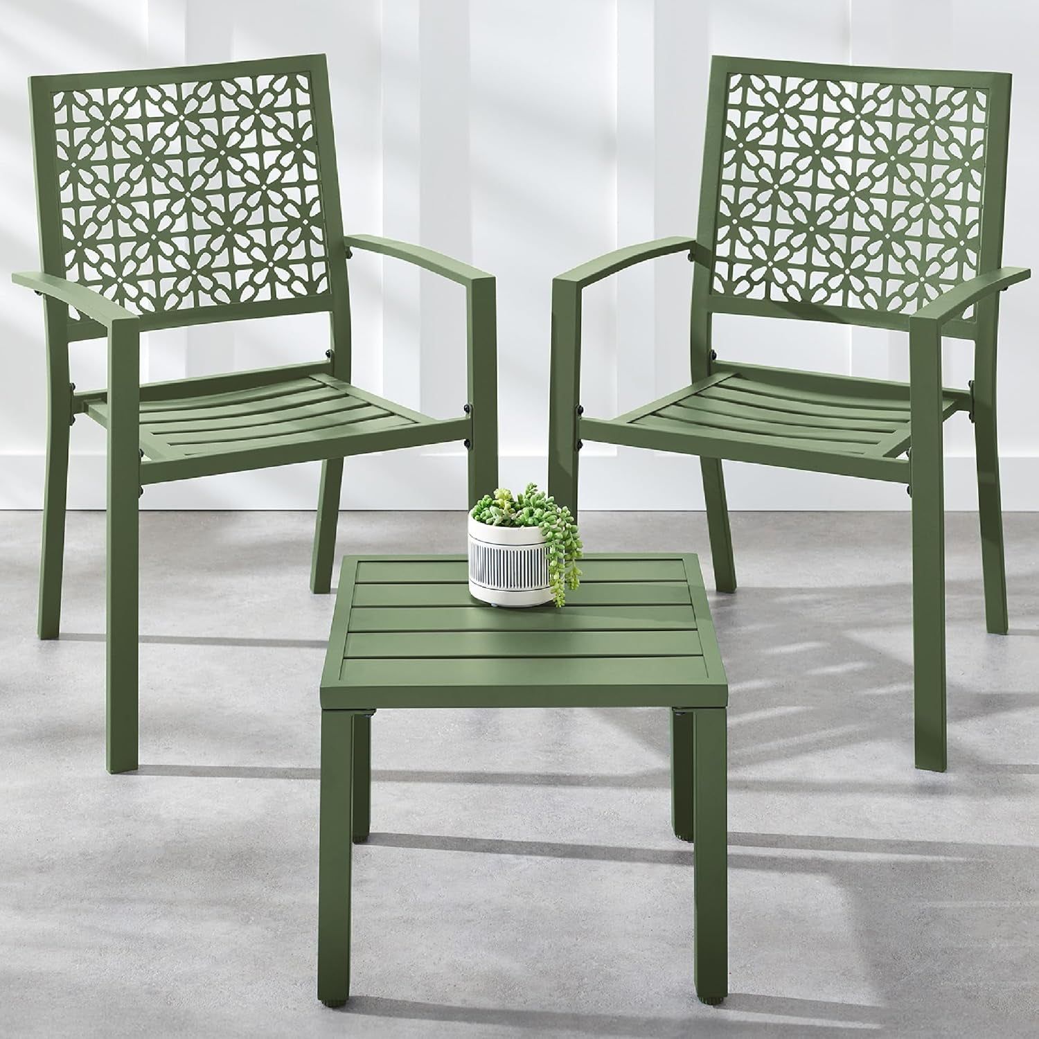 3-Piece Outdoor Bistro Set, Stackable Modern Steel Furniture for Porch, Garden W/ 2 Chairs, Table, Geometric Decor - Sage Green