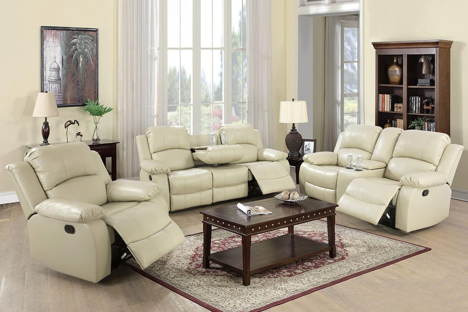 Beige Leather Reclining Sofa Set for Living Room Set,Recliner Sofa with Drop down Table/Double Recliner Loveseat with Storage Console/Recliner Chair/Faux Leather