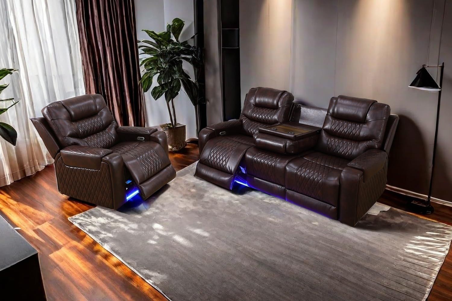 LED Power Recliner Sofa for Living Room Furniture Set, Leather Sectional Sofa Set, Reclining Sofa and Loveseat with USB Port/Storage Console/Cup Holders(Dark Brown Sofa+Chair)