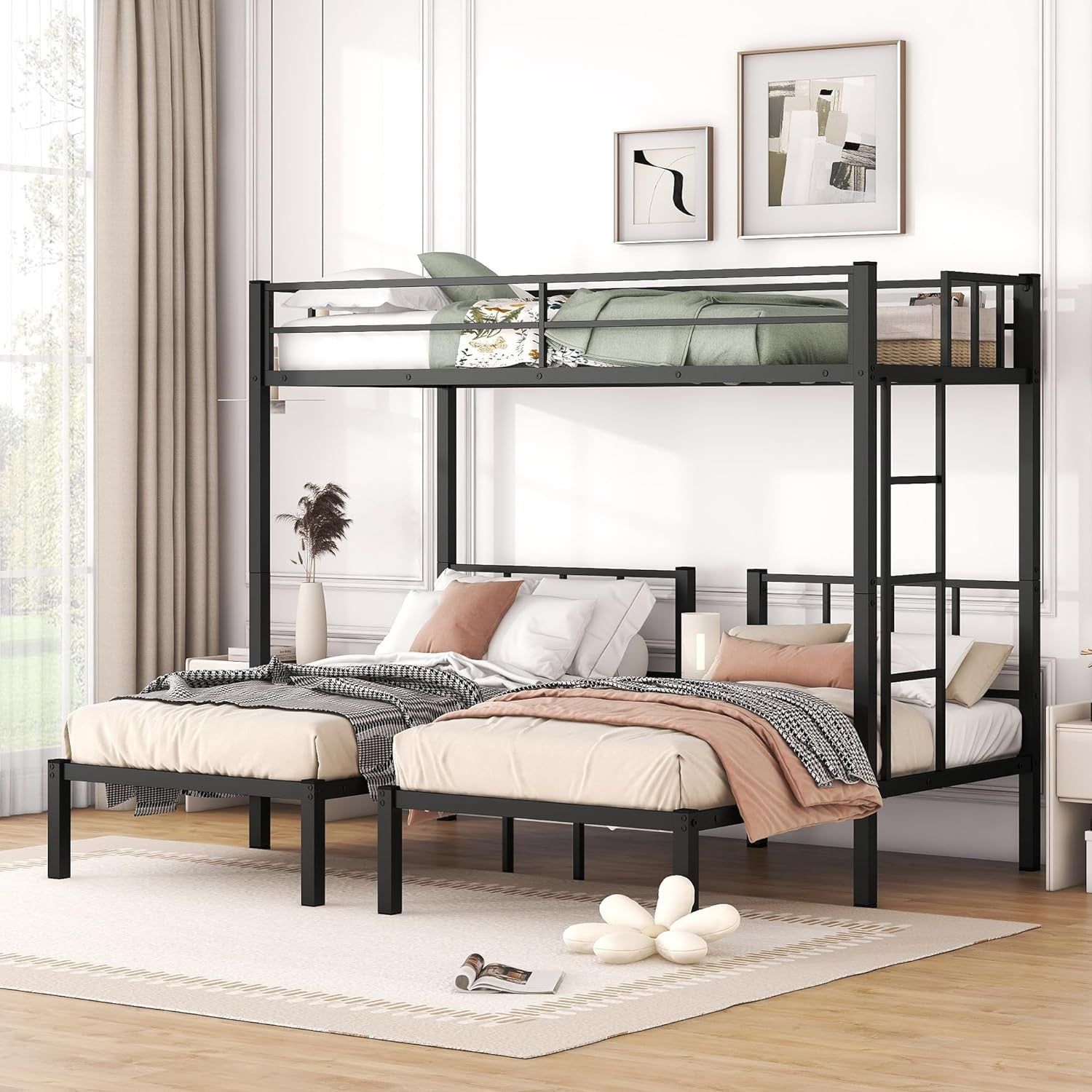 Twin over Twin over Twin Triple Bunk Bed for Kids,3 Bed Bunk Beds for 3,Metal Triple Bunk Beds with Built-In Desk,Separates into 3 Twin Beds,Noise Reduced Structure,Black