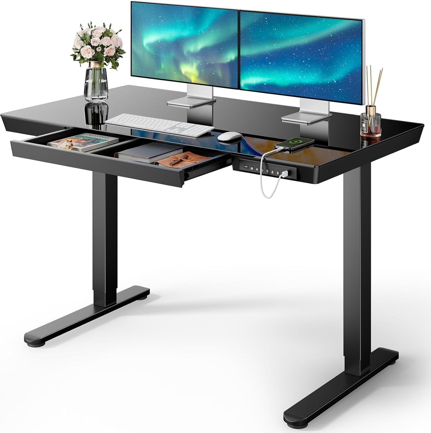 Glass Standing Desk with Drawer, 48 X 24 Inch Electric Standing Desk, Height Adjustable Desk with One-Piece Tabletop &amp; USB Charging Ports, Sit Stand Desk with Storage for Home &amp; Office Black