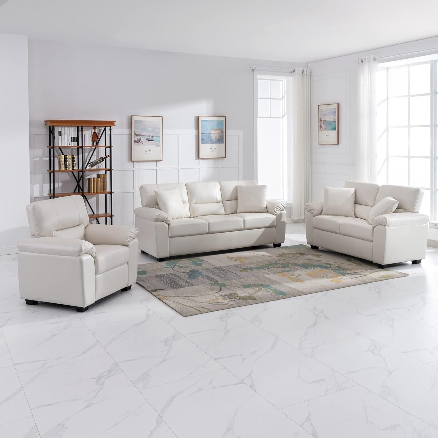 White Leather Sofa and Loveseat Chair Set, Modern Luxury and Comfy Furniture Sleeper Couches for Living Room, Apartment, Office, Lounge Room