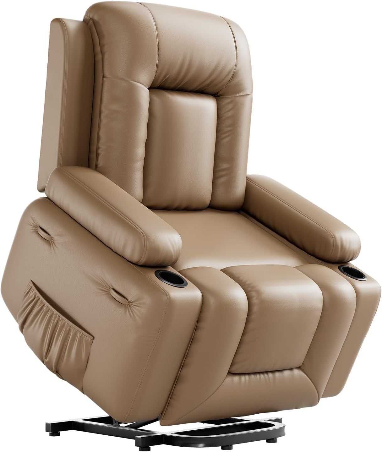 Power Lift Recliner Chair PU Leather with Massage for Elderly Ergonomic Lounge Chair Classic Single Sofa with 2 Cup Holders Side Pocket (Earthy Yellow, 22&quot; Seat Width + Cup Holder)