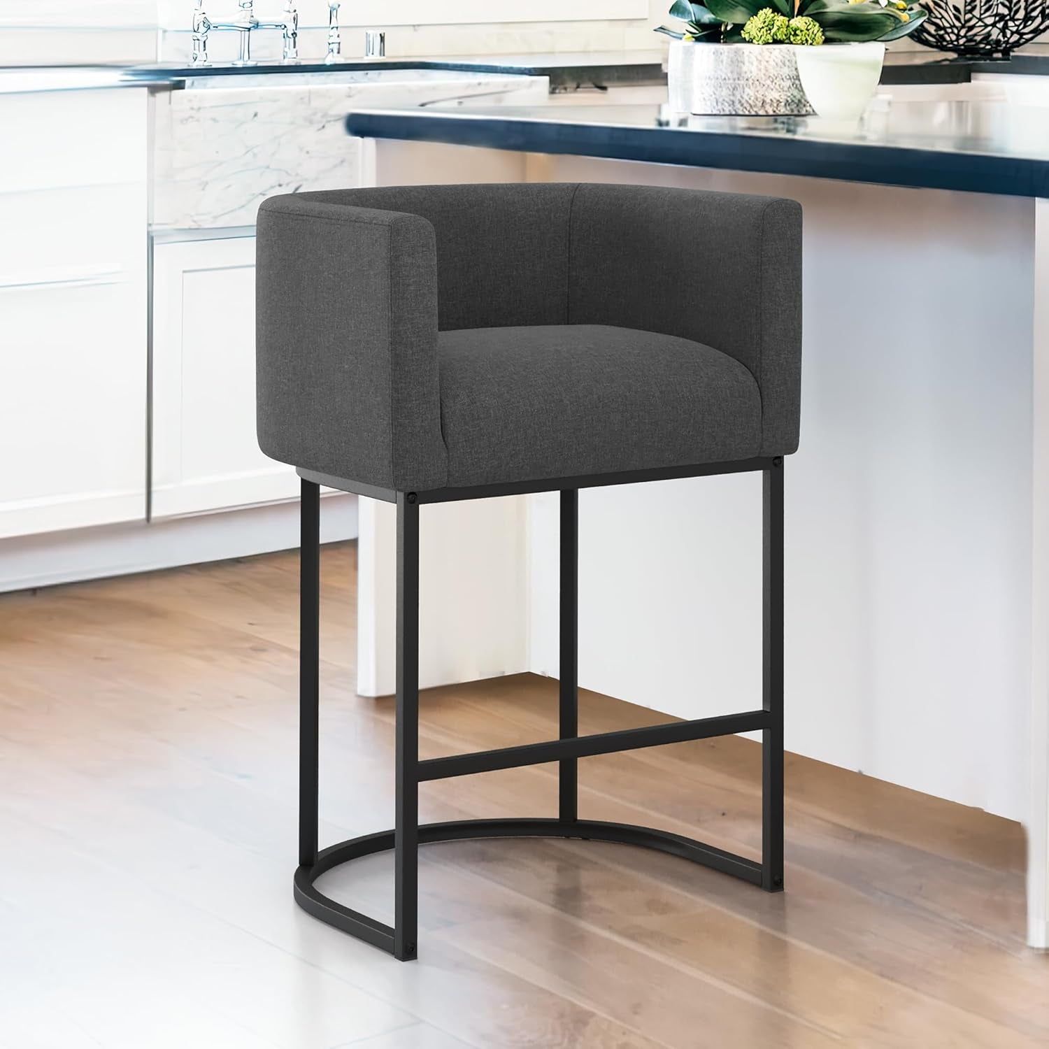 27&quot; H Counter Height Bar Stools, Modern Barrel Counter Stools with Backrest and Arms, Black Metal Frames, Linen Fabric Upholstered Accent Barstools for Kitchen Island, Carbon Gray
