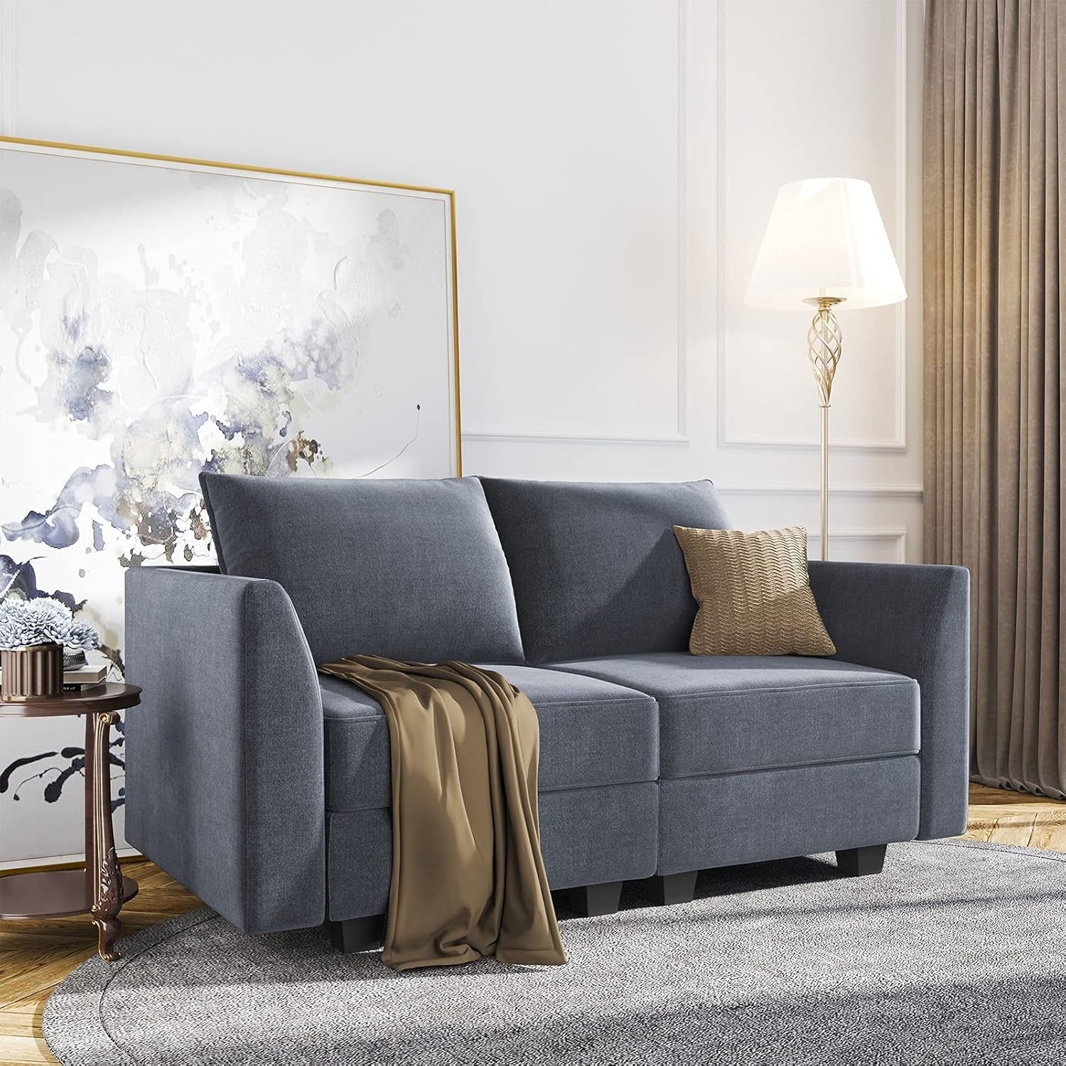 Bluish Grey Loveseat Modern, Fabric, Storage, Small Space