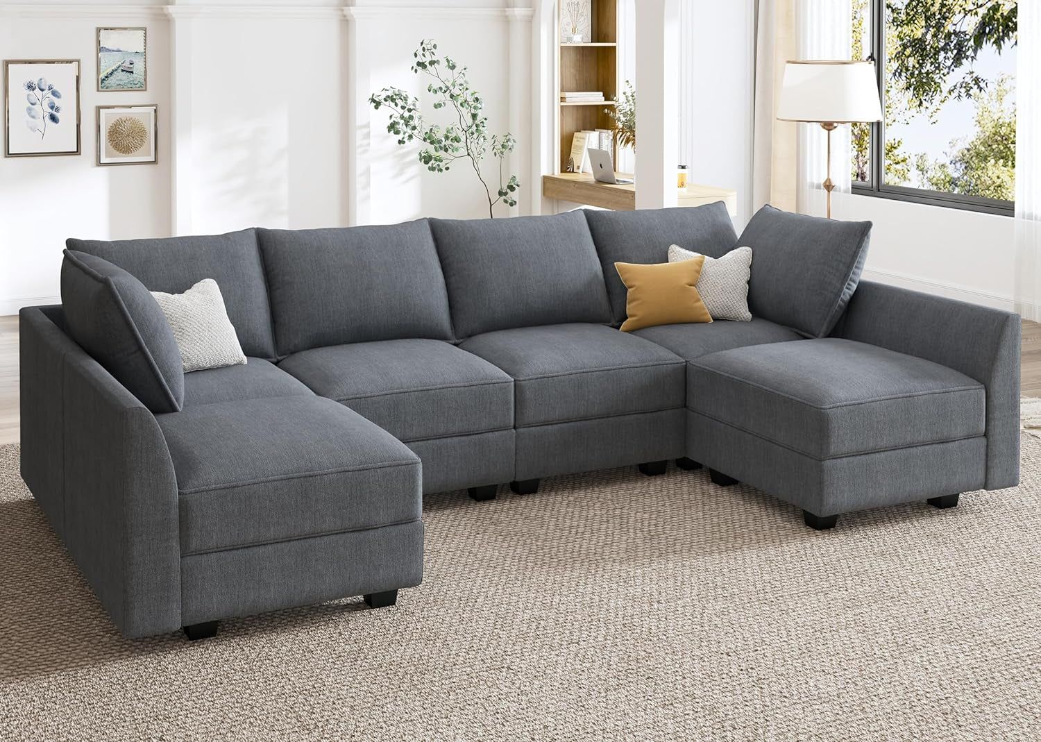 Bluish Grey U-Shaped Sectional Sofa Modular, Storage