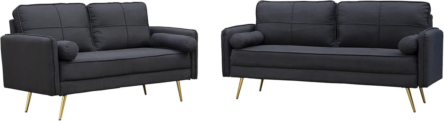 Modern 2 Piece Sofa Set Velvet Loveseat &amp; Sofa Set Tufted Loveseat &amp; Couch Set Upholstered Living Room Furniture Set with Bolsters &amp; Metal Legs for Living Room,Bedroom,Dorm - Black