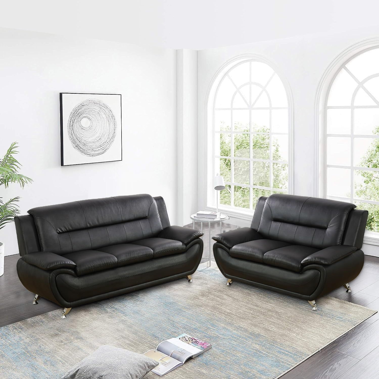 Black Faux Leather Sofa Loveseat Set Living Room