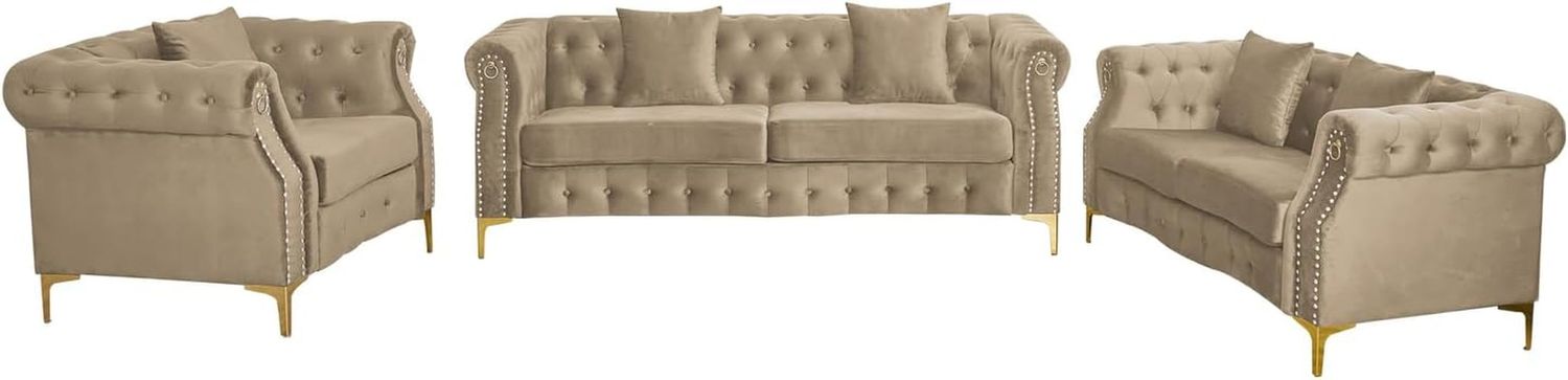 3 Piece Living Room Set, Mid-Century Style Sofa,Button Tufted Armchair Loveseat Couch with Square Pillows and Nailhead Trim for Living Room Beige