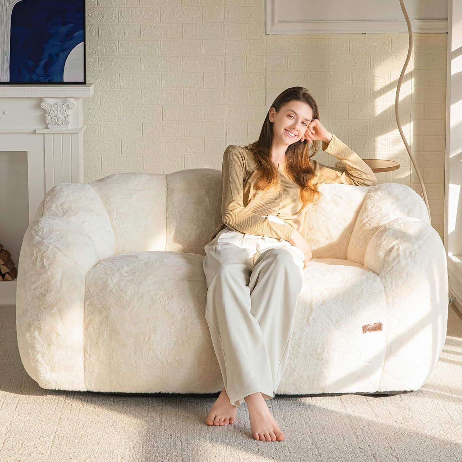 Beige Floral Shaped Loveseat Bean Bag Sofa