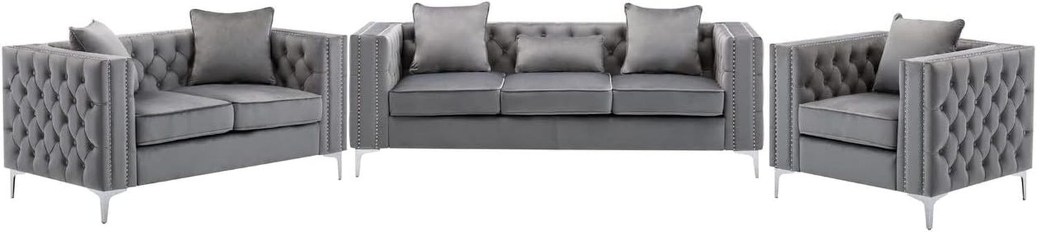 Lorreto Gray Velvet Fabric Sofa Loveseat Chair Living Room Set