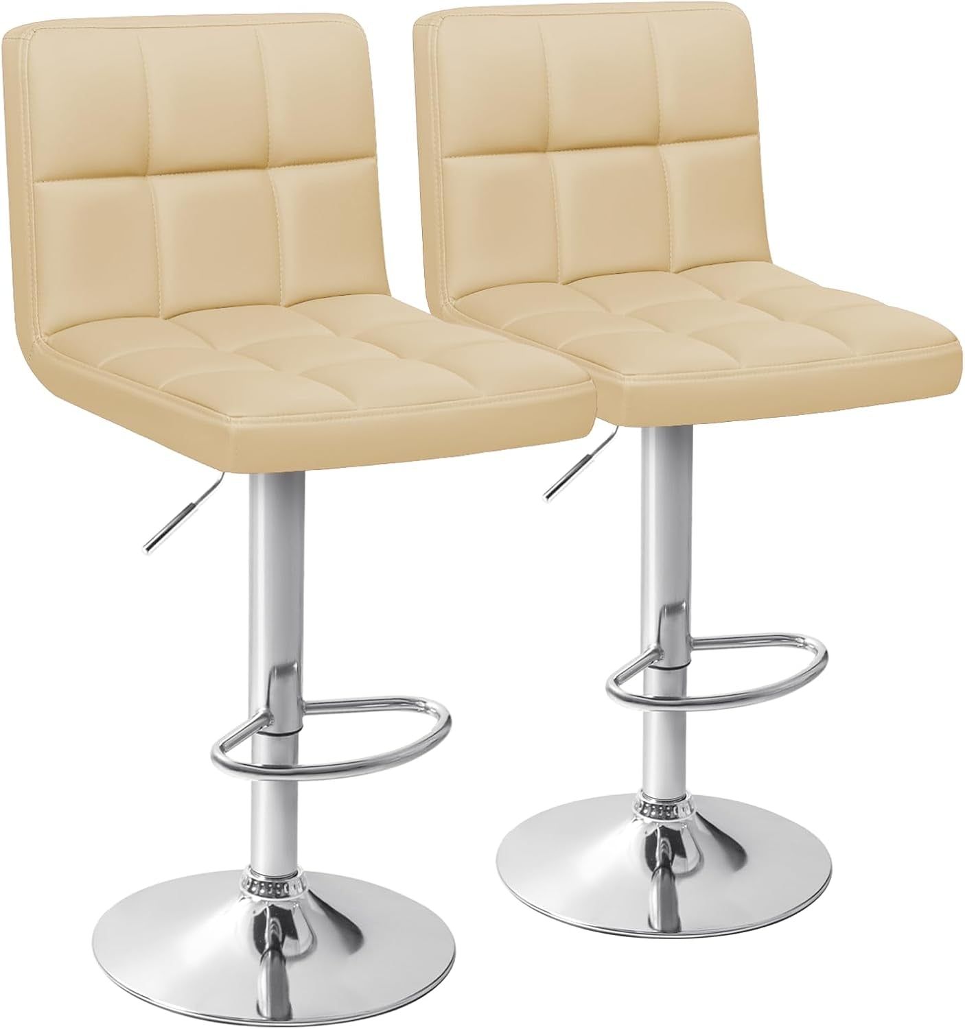 Bar Stools Modern PU Leather Adjustable Swivel Barstools, Armless Hydraulic Kitchen Counter Bar Stool Extra Height Square Island Barstool with Back Set of 2 (Leather, Beige)