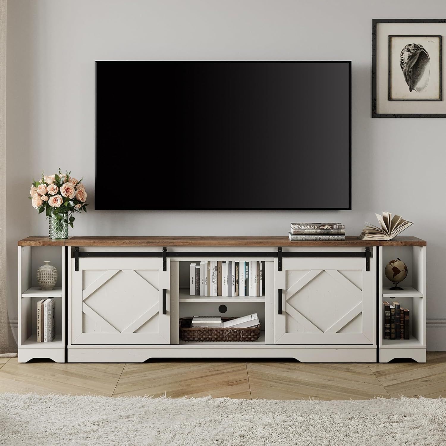 Modern Farmhouse 3 in 1 TV Stand for up to 95&quot; Tvs Wood Entertainment Center with Open Storage for Living Room,Antique White