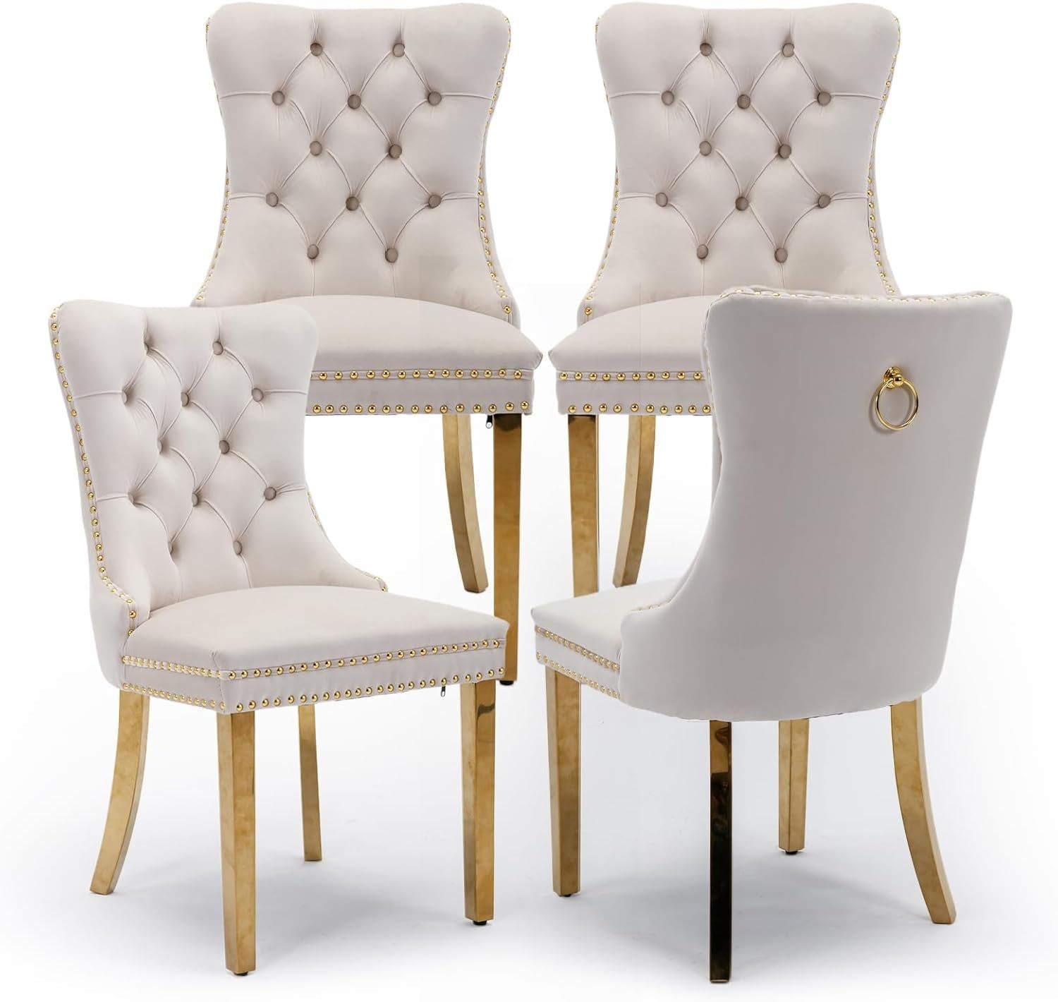 Velvet Upholstered Dining Chairs Set of 4, Modern Style Kitchen Side Chairs with Nailhead Trim and Gold Plated Leg, Metal Pulling Ring for Dining Room Living Room(Beige-Gold Plated Leg)