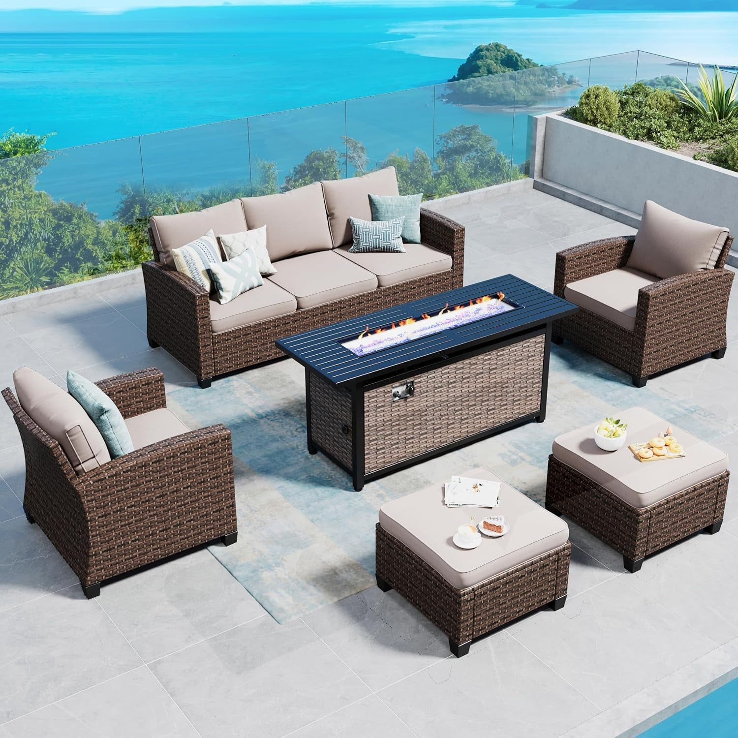 Patio Furniture Set Outdoor Furniture Brown Wicker Rattan Patio Conversation Sets with Cushion outside Sofa Set,6 Pieces with Rectangular Firepit Table,7 Seats,Beige