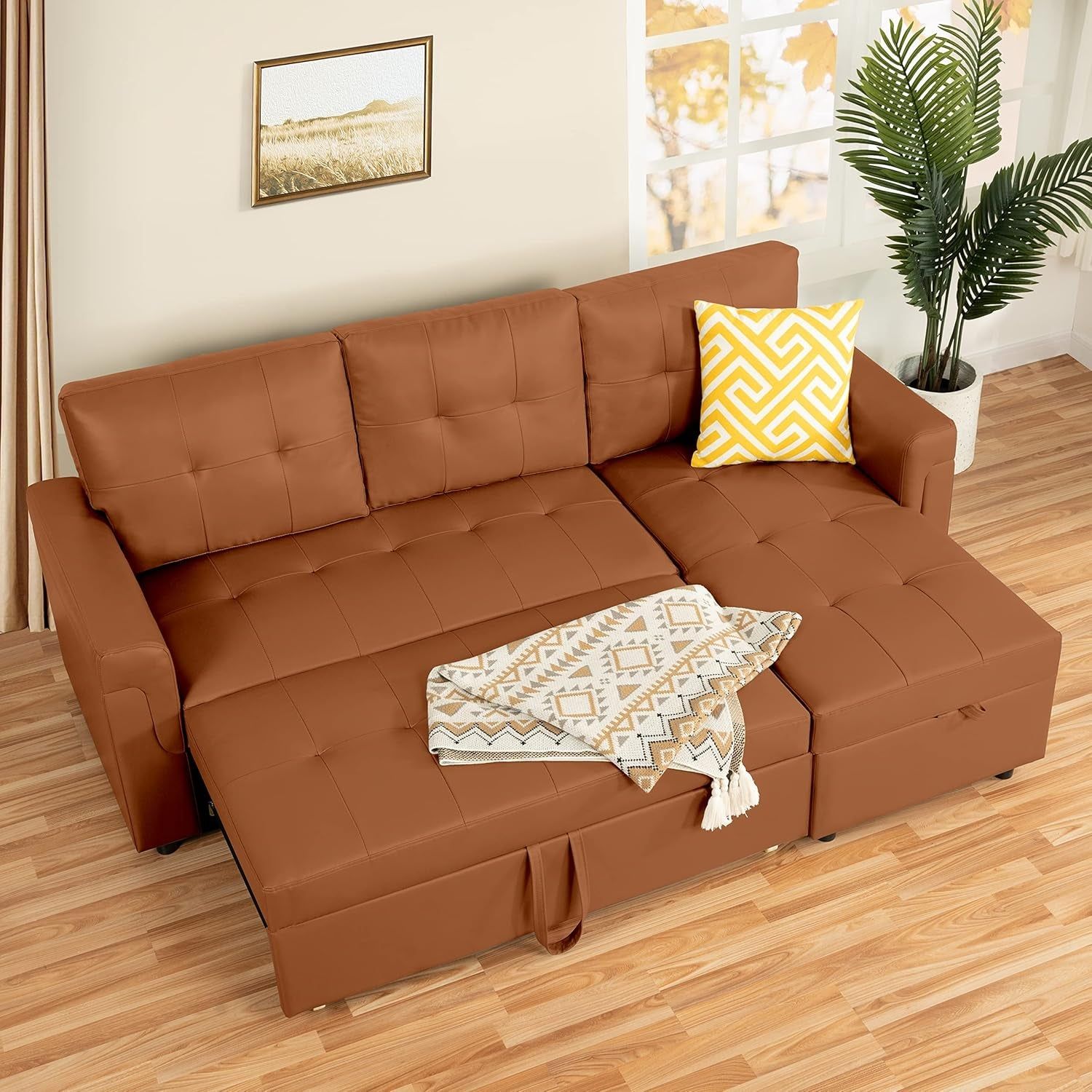 Caramel Air Leather Tufted L-Shape Sleeper Sofa Storage