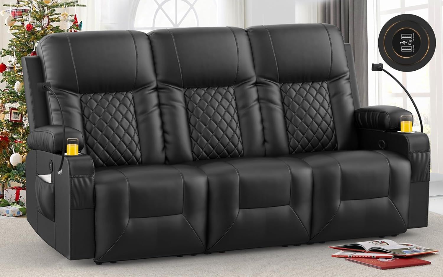 Recliner Sofa, Reclining Sofa 3 Seats Dual Recliner, PU Leather Recliner Couch, Modern Recliner Chair for Living Room, with Cup Holder and 2 Cell Phone Holder, USB Ports, Black