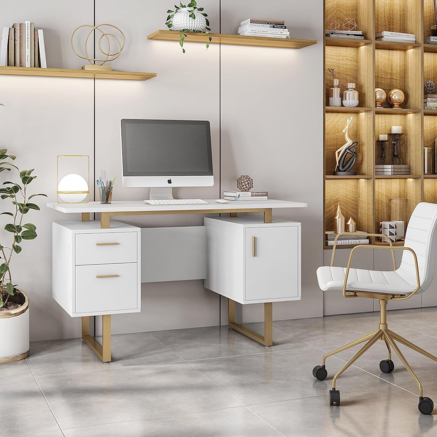 51&quot; White Gold Desk with Storage Cabinet