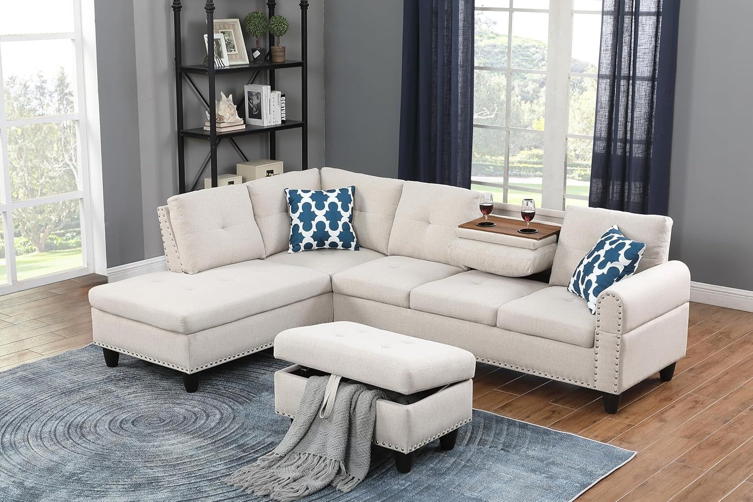 3 Piece Modular Sectional Couch Corner Sofa with Movable Ottoman and Left Hand Facing Chaise Lounge, Reversible Sofá W/Drop down Backrest &amp; Cupholders for Living Room Furniture Sets